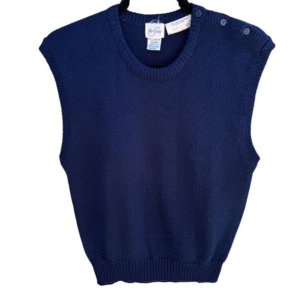 Tan F Jay Navy Blue Knit Sleeveless Button Shoulder Wool Blend Knit Sweater M - Picture 1 of 8
